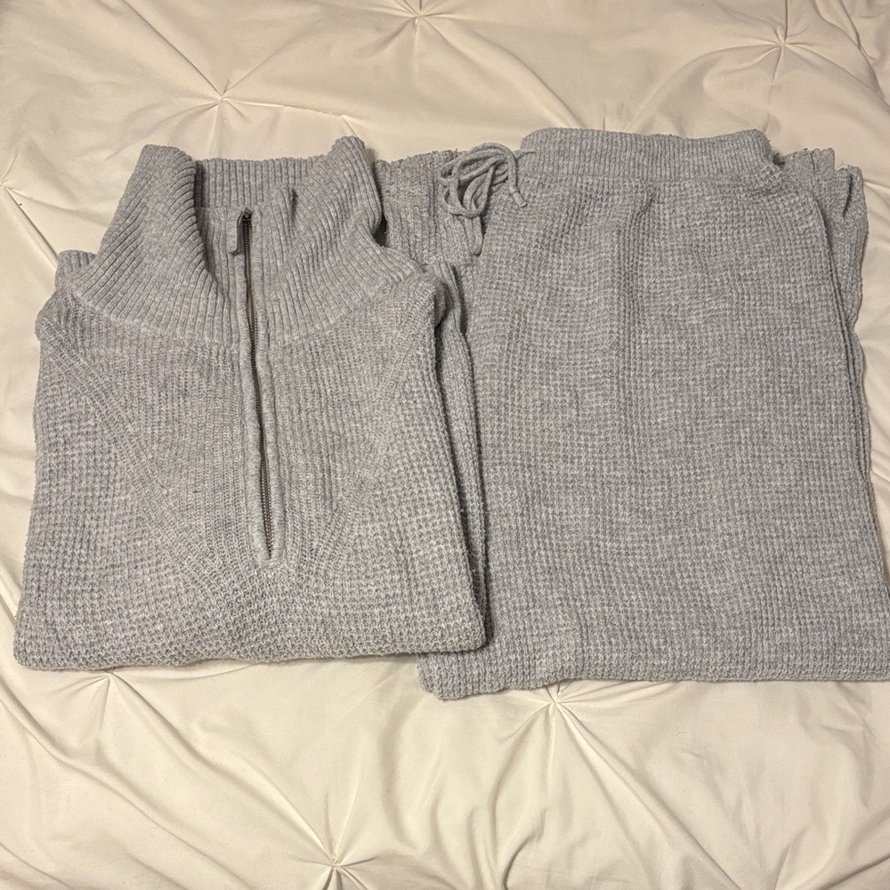 aerie Heather Gray Knit Quarter-Zip Pullover & Wide Leg Pant Set